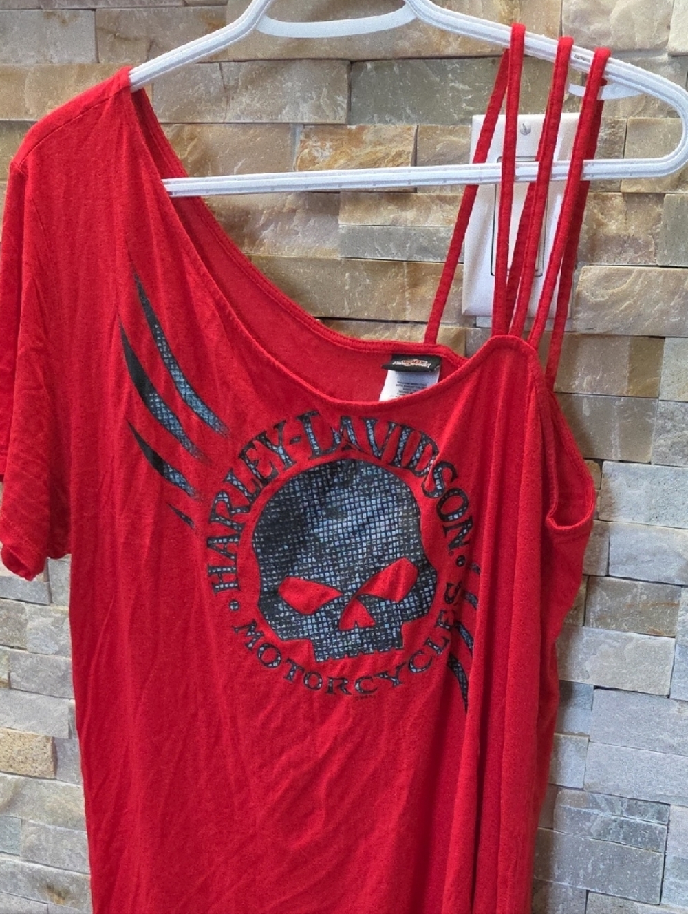 Harley-Davidson Red Asymetric Strappy Skull Tee.